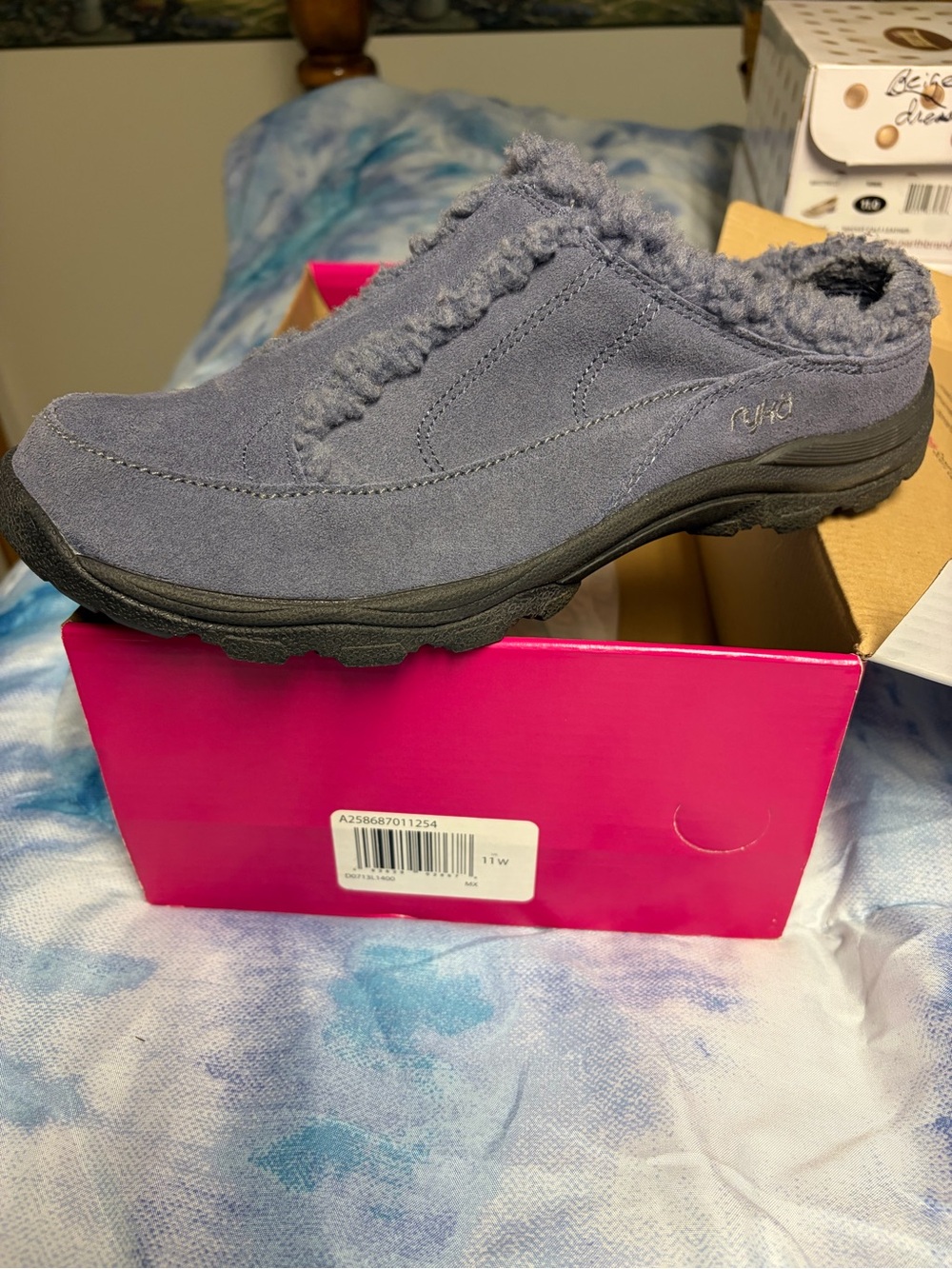 Ryka Women's Suede Slip-On Mule in Blue-Gray with Shearling Trim